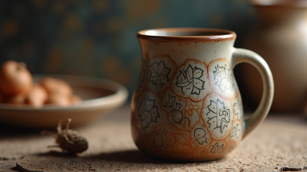 Close-up of a handcrafted ceramic mug with intricate designs