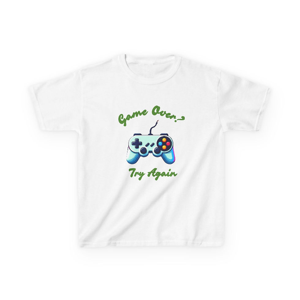 A royal white kids' T-shirt featuring a colorful video game controller graphic in the center. Above the controller, the phrase "Game Over" is written in a playful neon-style font, and below it, the words "Try Again" appear, creating a fun and motivational gaming-themed design.