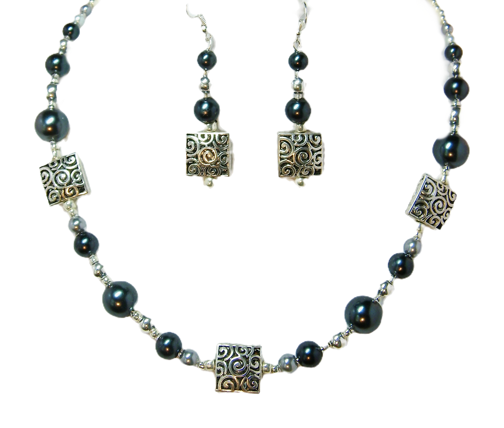 Hematite & Filigree Necklace & Earrings Set hanging view