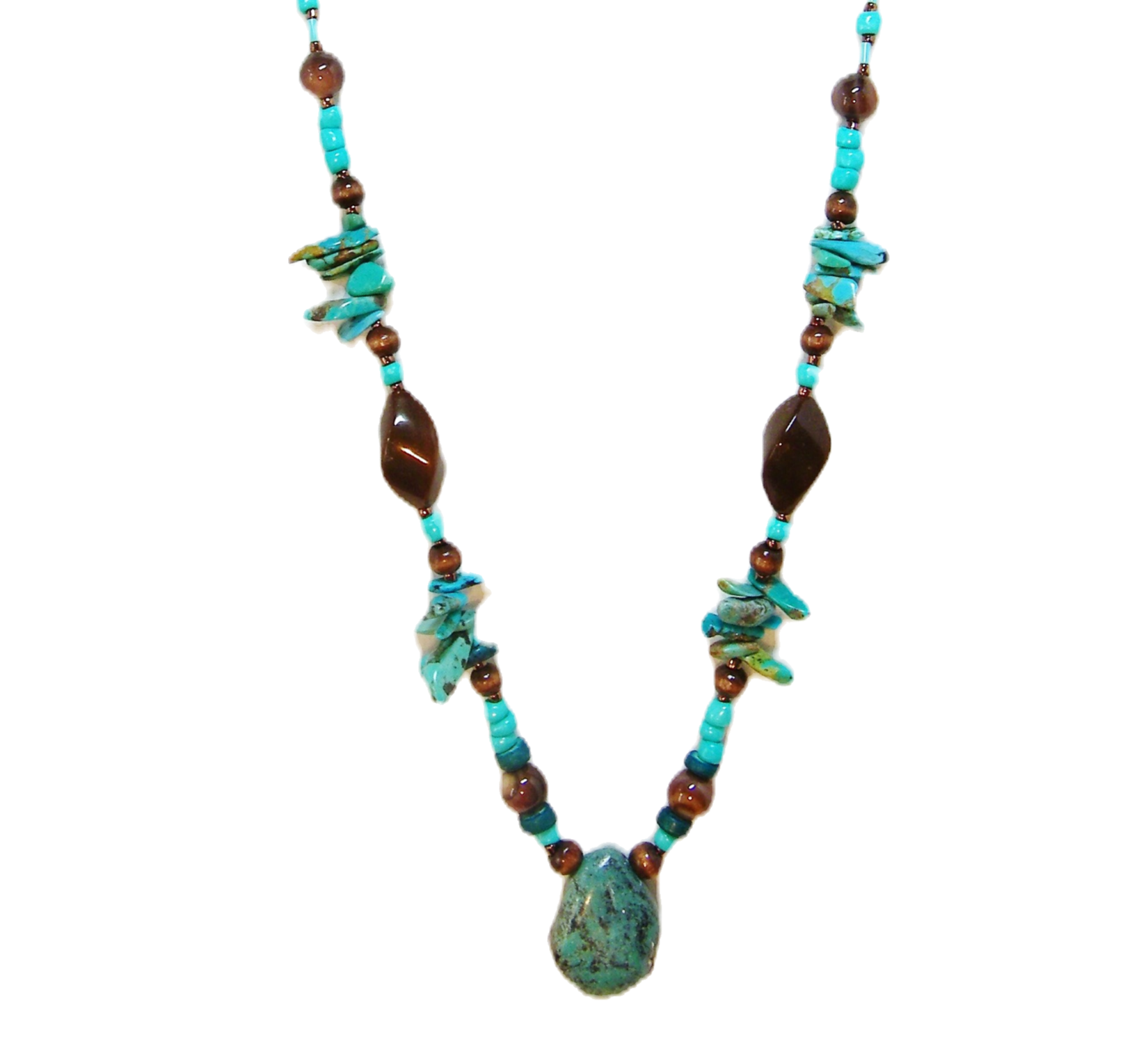 Turquoise & Wood Necklace hanging view