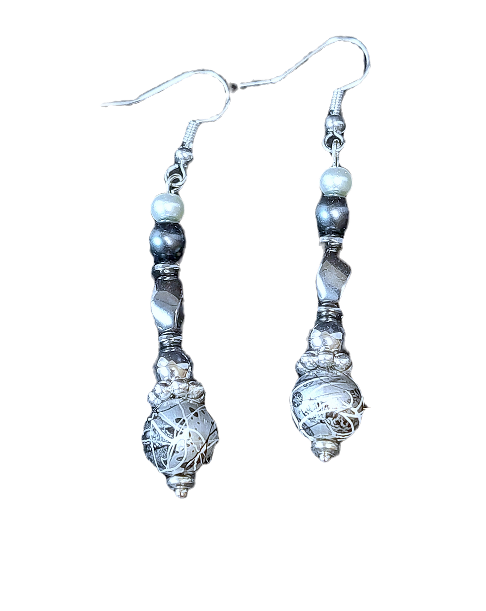 Art Deco beads & Hematite Earrings hanging close up