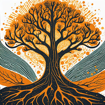 Firefly A tree with matching roots and orange accents in linocut style 30010.jpg