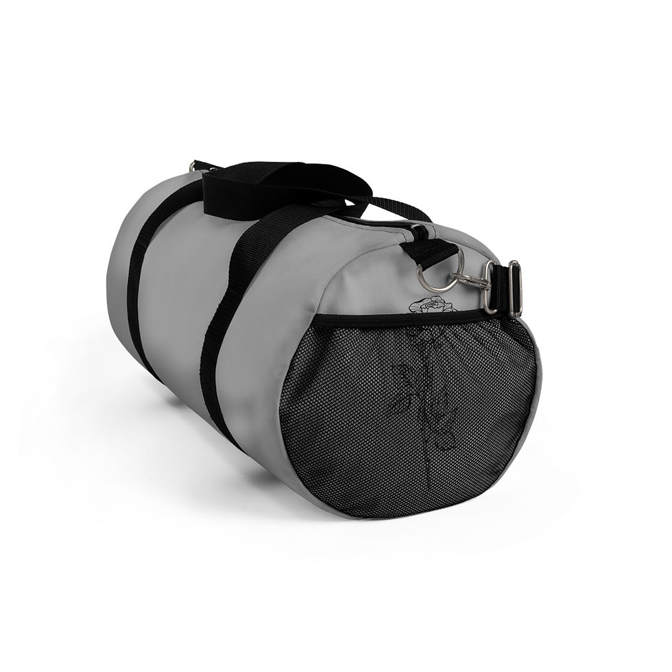 縮圖：side view of grey versatile duffel bag, with rose on right side with easy access pocket, has zipped pocket on top of bag as well as one inside to keep more personal things, comes in sizes small and large