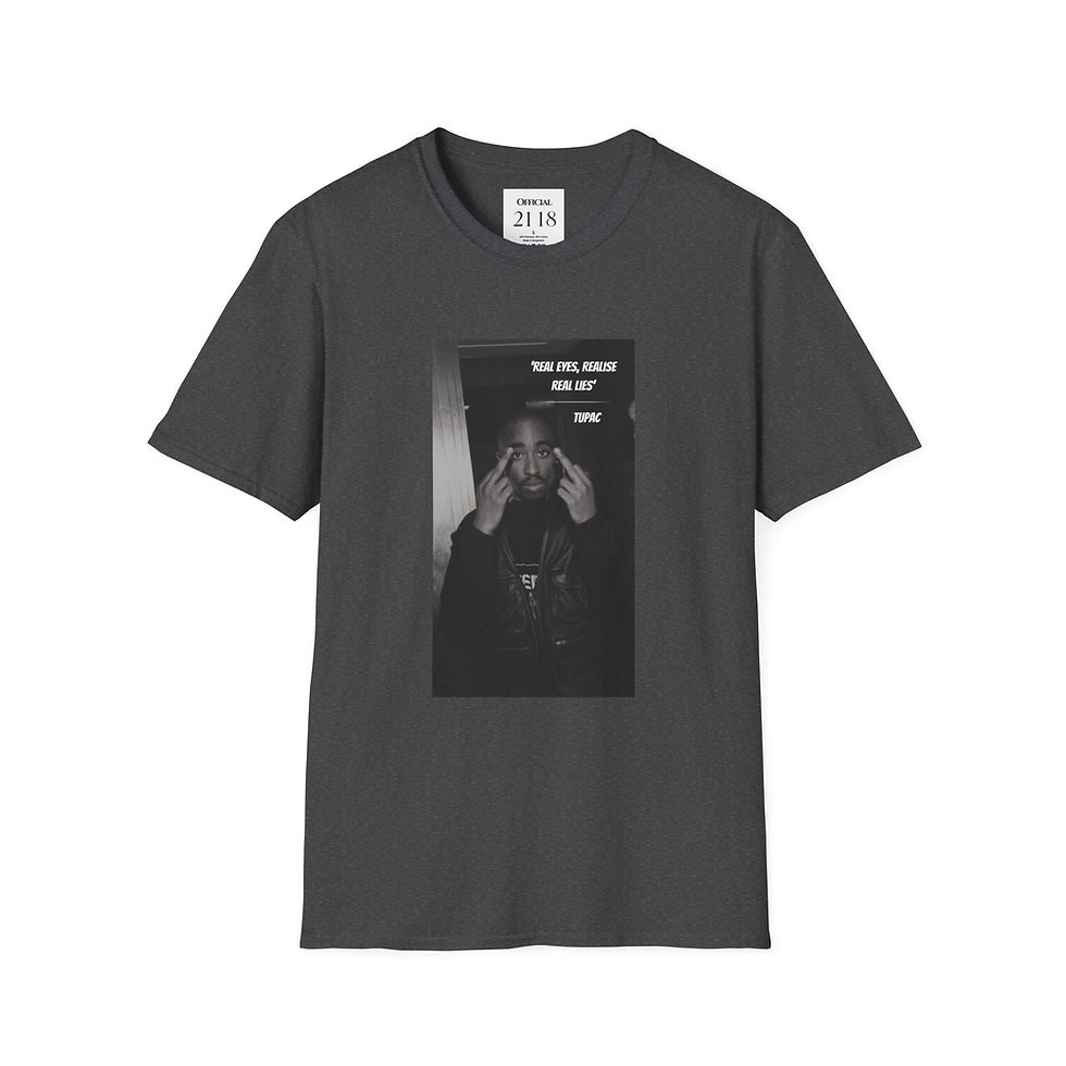 縮圖：Tu-pac music artist print t-shirt, print is at front of tee, colour heather grey, with quote 'real eyes realise real lies' Tu-pac giving middle fingers