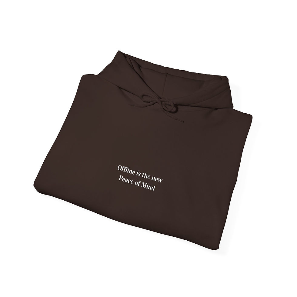 Pikkukuva: front of brown 'offline is the new peace of mind hoodie' folded with brand logo as label