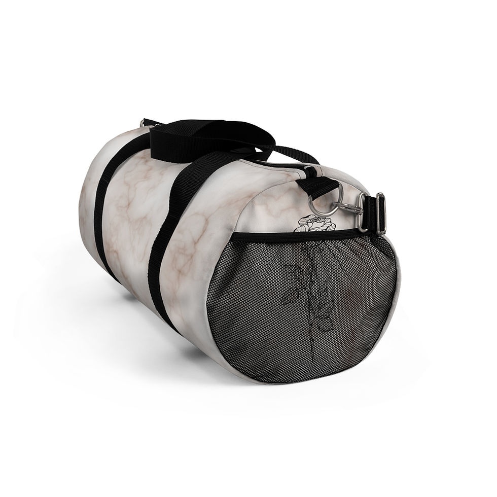 Thumbnail: side view of Brown marble print design duffel bag, with 'official 21 18' logo on one side and a rose on the other side, comes in small or large