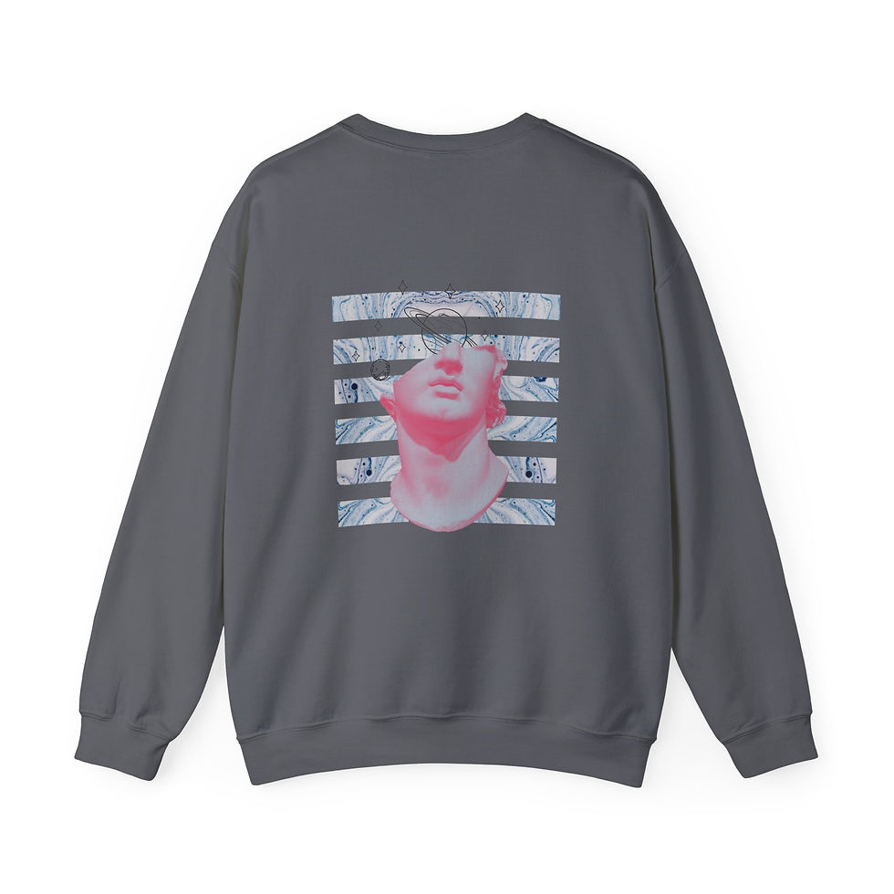 Thumbnail: charcoal colour artistic sweatshirt, print on back, print colours pink and blue 
