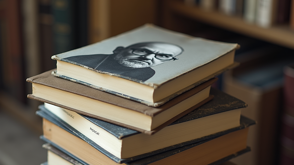 Close-up view of a stack of psychoanalysis books with Lacan's portrait on top