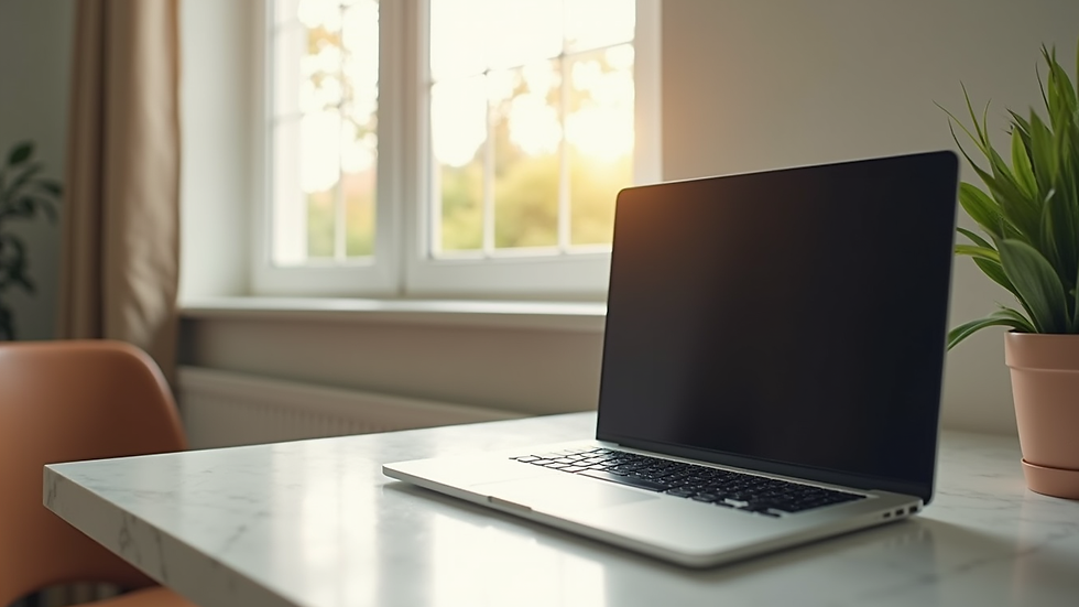 Close-up view of a laptop on a desk with a calm and inviting workspace for online therapy