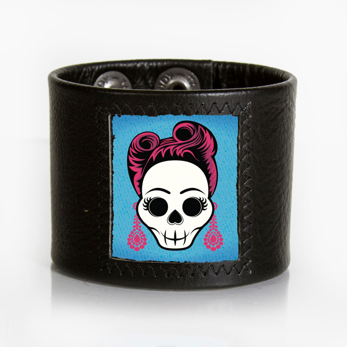Hipster Skull with Pink Hair Cuff