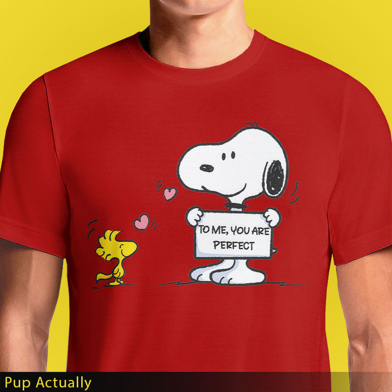 Thumbnail: Pup Actually T-Shirt - Snoopy & Woodstock Love Design | OSOM.in