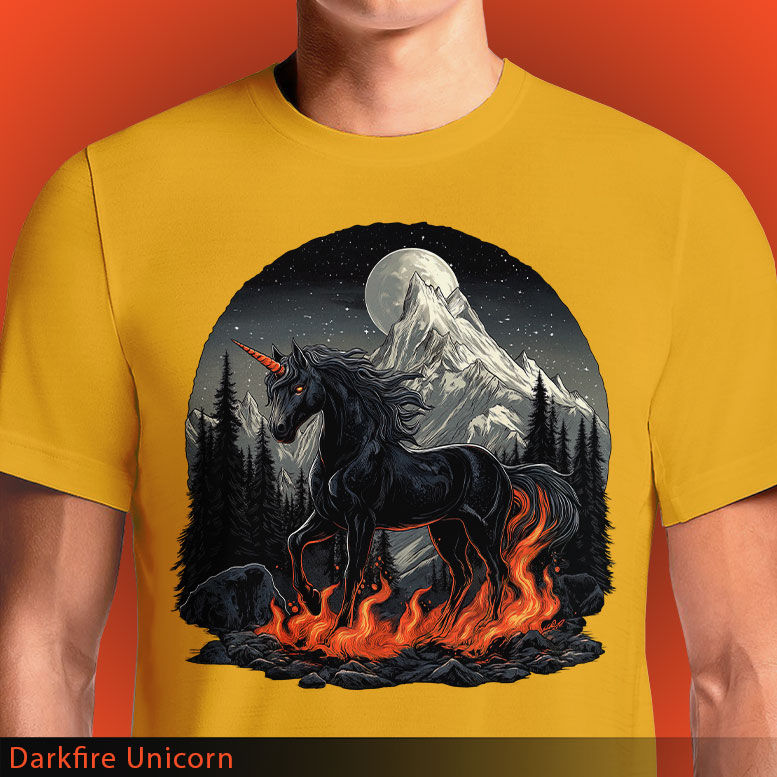 Thumbnail: Darkfire Unicorn T-Shirt - Fiery Black Unicorn with Lava Mane | OSOM.in