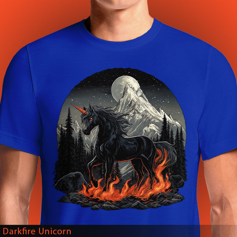 Thumbnail: Darkfire Unicorn T-Shirt - Fiery Black Unicorn with Lava Mane | OSOM.in