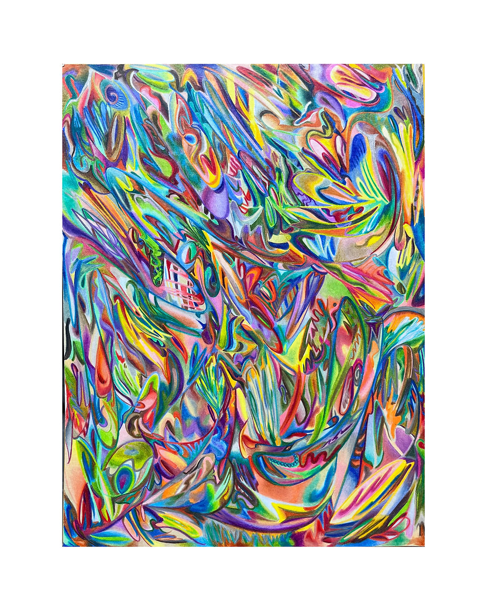 Loose Gestural Abstract drawing featuring bold lines, bright colors and dynamic movement