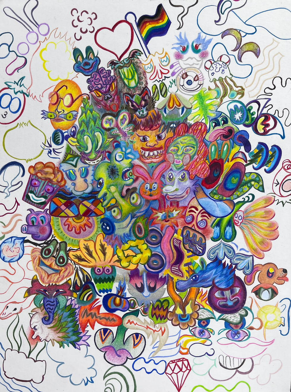 Philadelphia queers is a figurative abstract drawing featuring colorful shapes and texture creating faces 