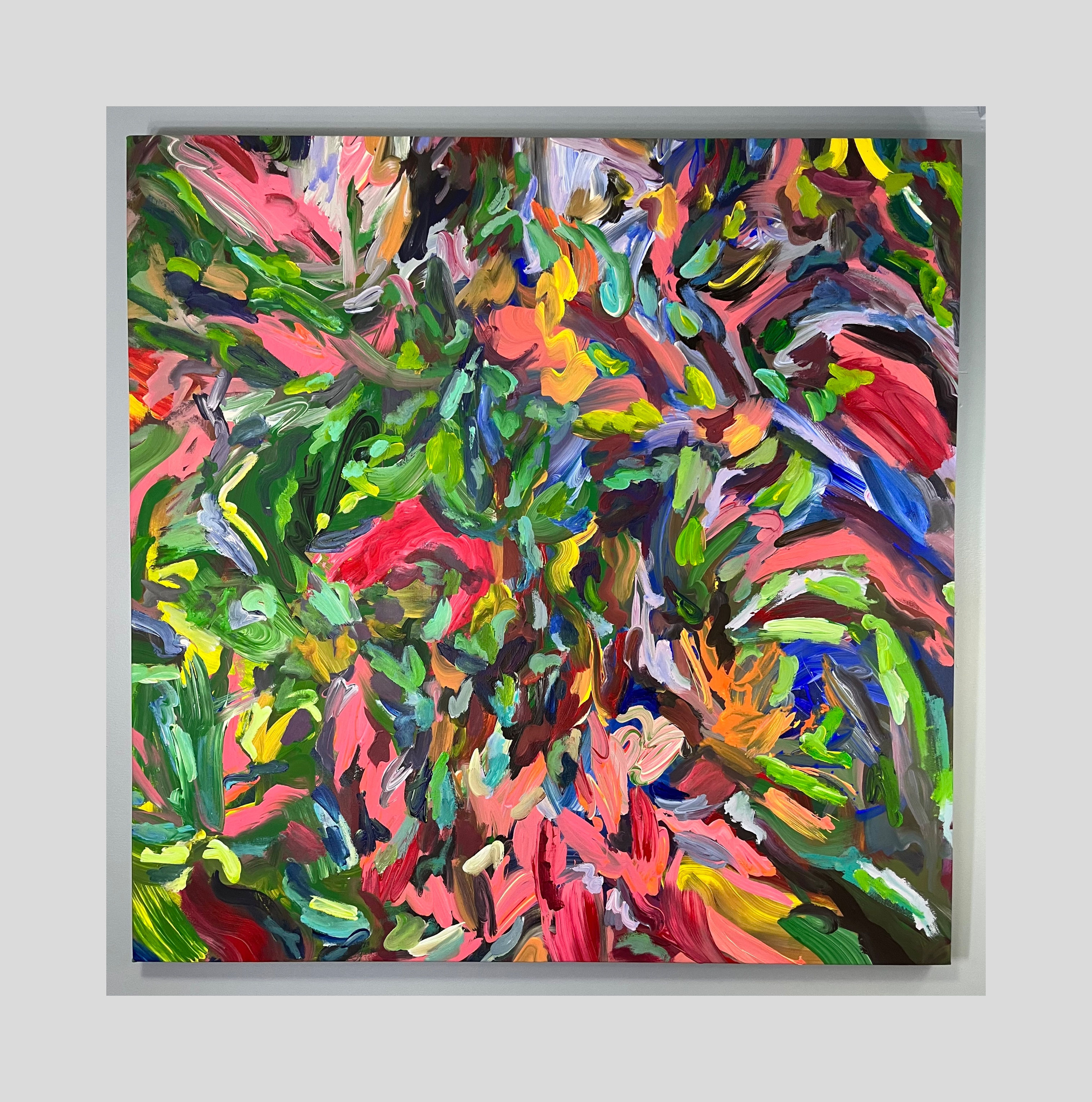 untitled abstract painting on canvas featuring bright, gestural marks, bold designs and a layered texture