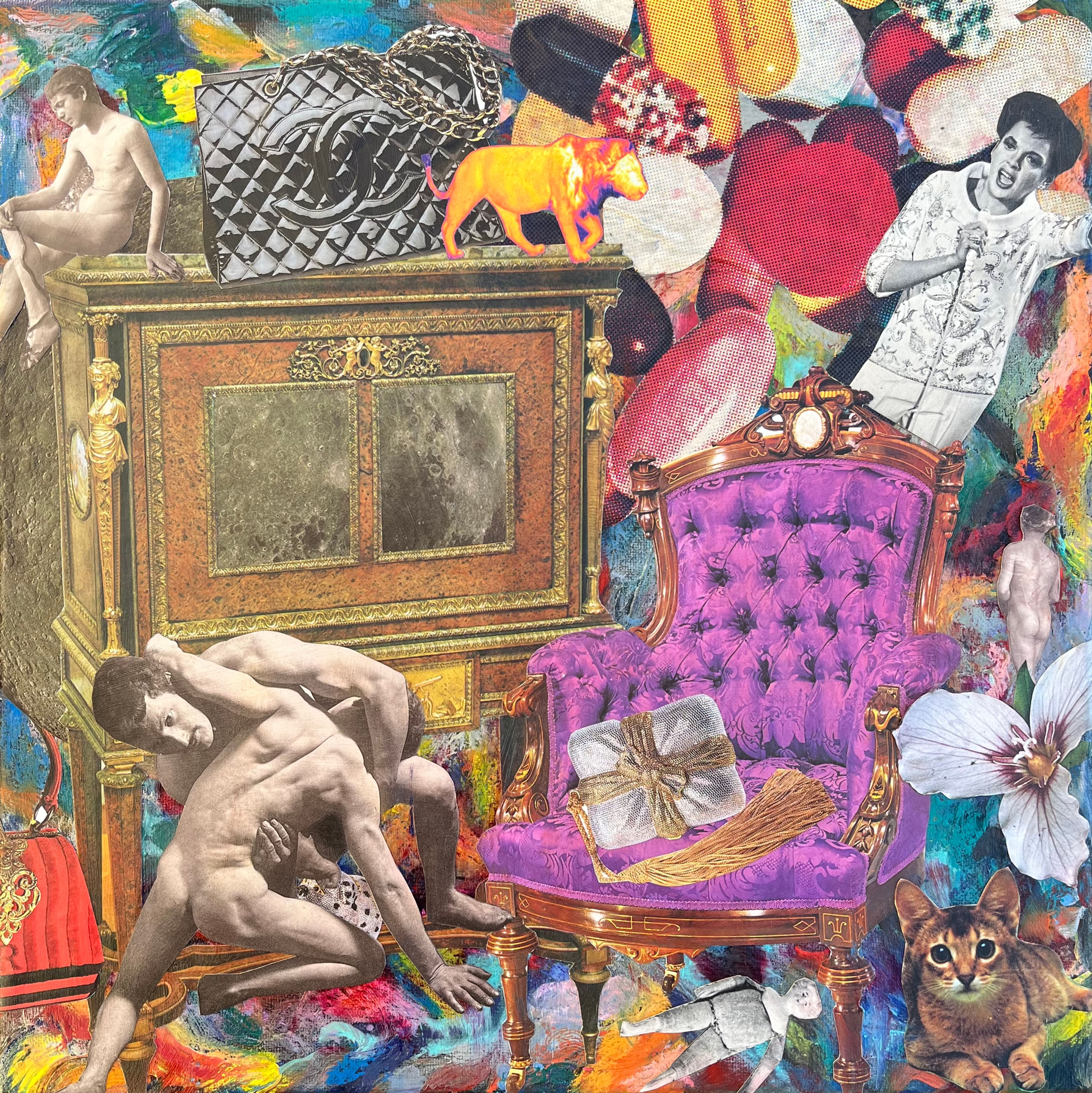 mixed media collage, men wrestling, antiques, hand bags, pills