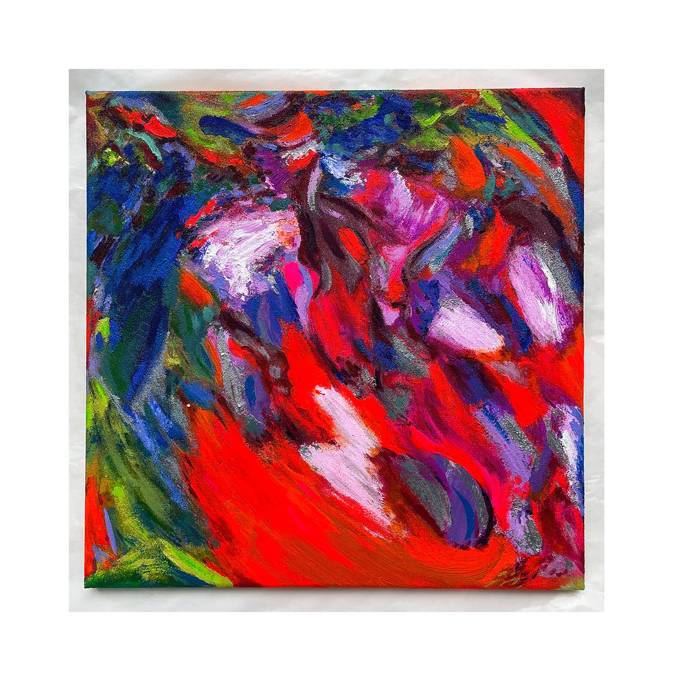 Abstract acrylic painting on canvas featuring neon orange contrasting blue and green early earth nature inspired