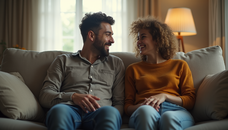 Eye-level view of a parent and teen sitting together on a couch, engaged in a calm conversation