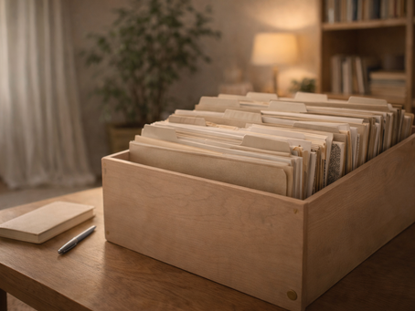 A wooden file box filled with organized medical and life documents on a table, representing end-of-life planning and document organization.