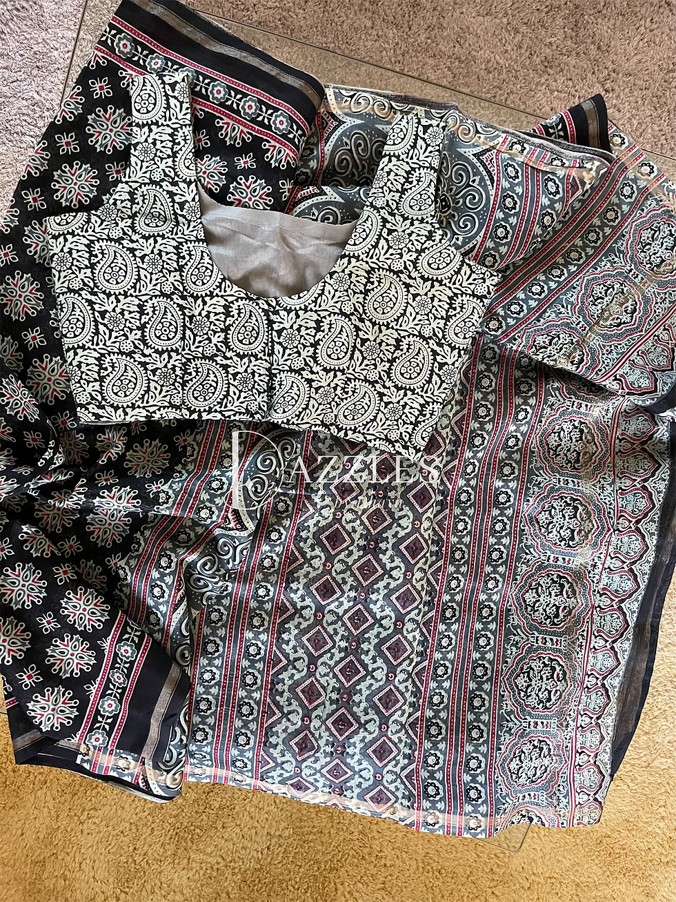 Thumbnail: 38-42| Chanderi Cotton + Silver Zari + Ajrakh Print + Sleeves