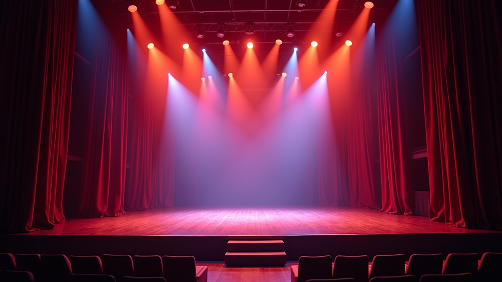 Eye-level view of a vibrant stage set for a theatrical performance