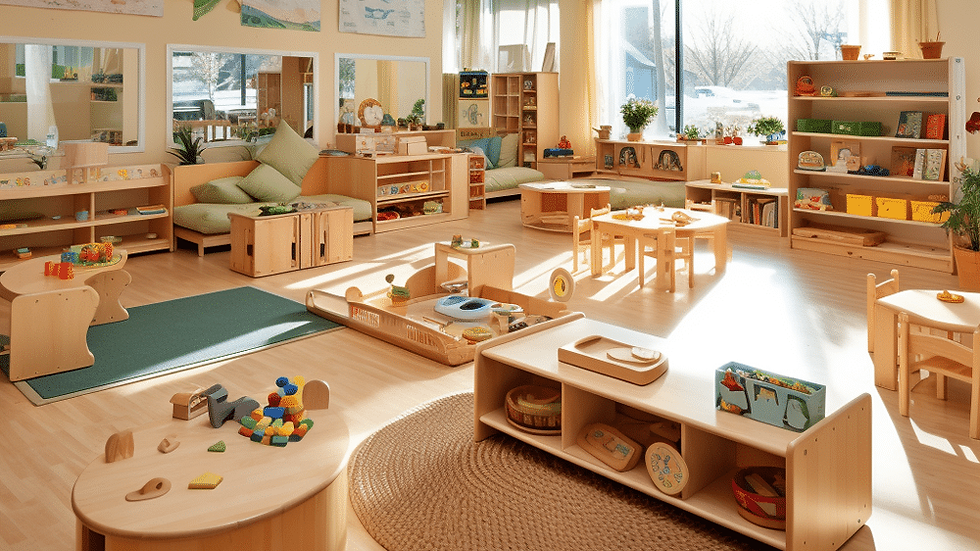 Eye-level view of a Montessori classroom with child-sized furniture and learning materials