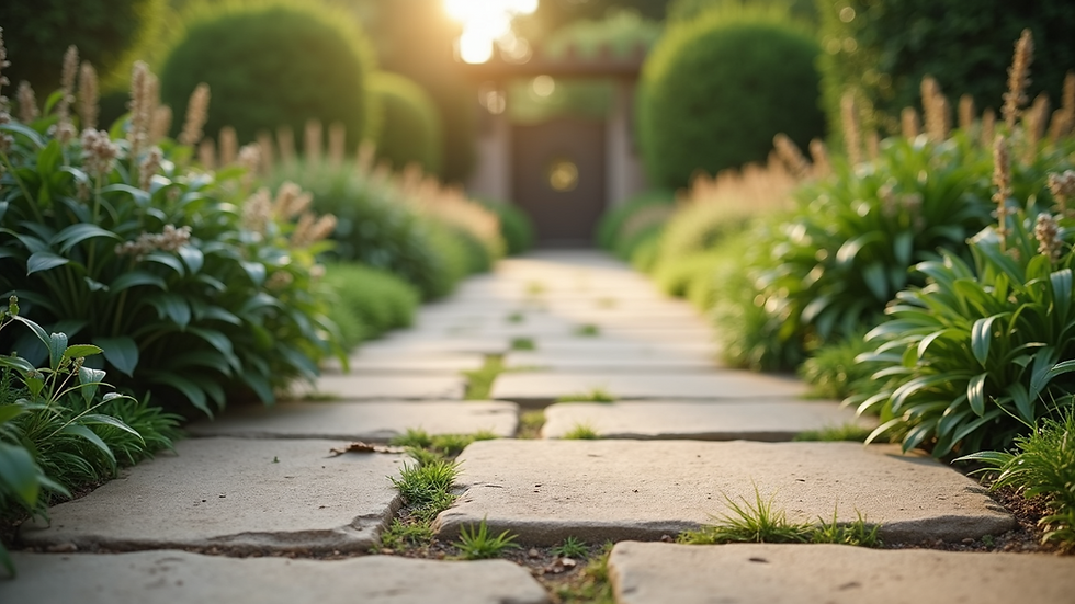 Eye-level view of a garden path paved with irregular sandstone slabs
