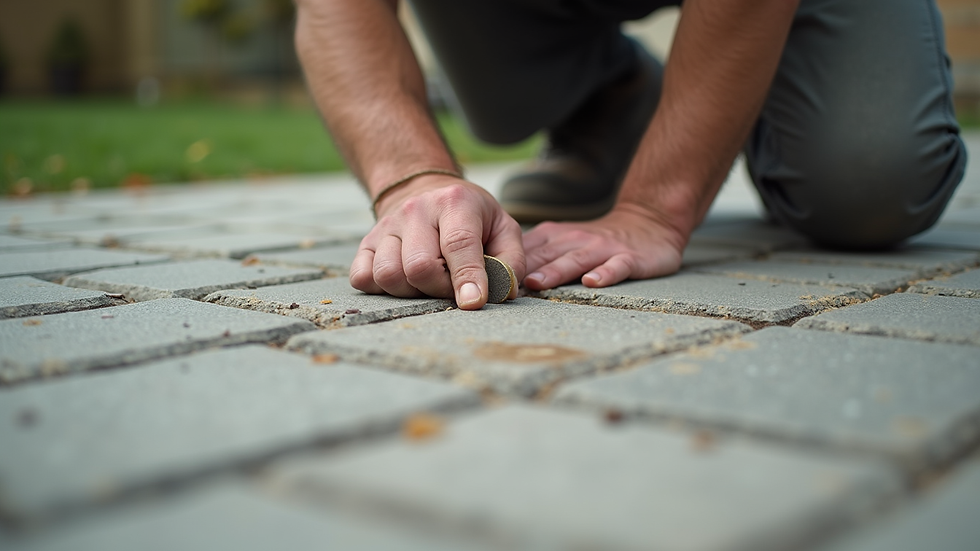 Close-up of a craftsman laying natural stone paving with precision