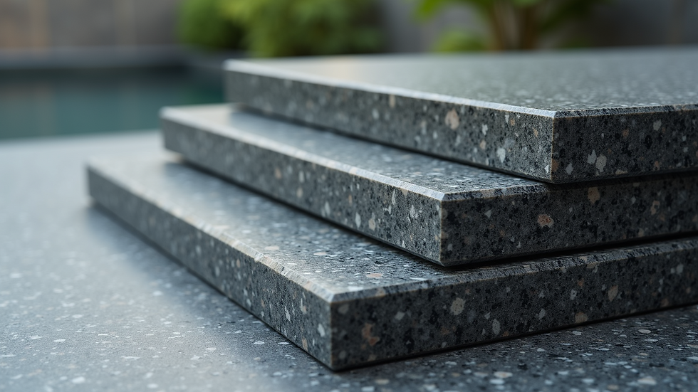 Close-up view of polished granite slabs stacked neatly