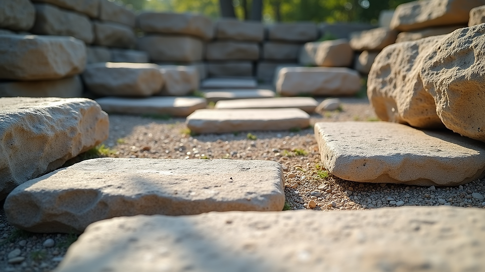 Eye-level view of a stone yard with various natural stone slabs neatly arranged