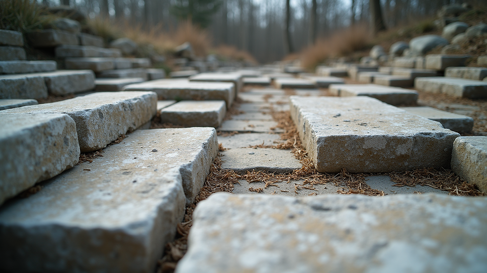 Eye-level view of a stone yard with various natural stone blocks arranged neatly