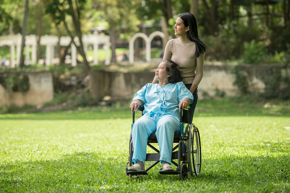 A woman in a brown sweater pushes an older woman in a wheelchair across a sunny, green park. The mood is calm and caring.