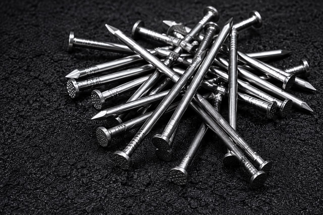 A pile of steel common nails on a dark surface.
