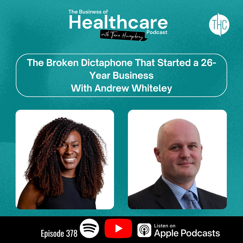 Teal podcast promo with smiling woman and bald man, titled The Broken Dictaphone That Started a 26-Year Business, Episode 378.