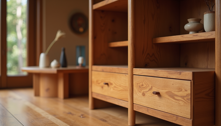 Close-up view of custom built-in wooden furniture in a Wright-designed home