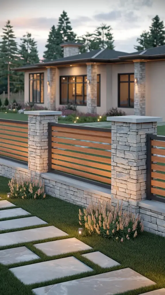 Modern house with stone facade and large windows, surrounded by lush greenery. A stone and wood fence lines the walkway with soft lighting.