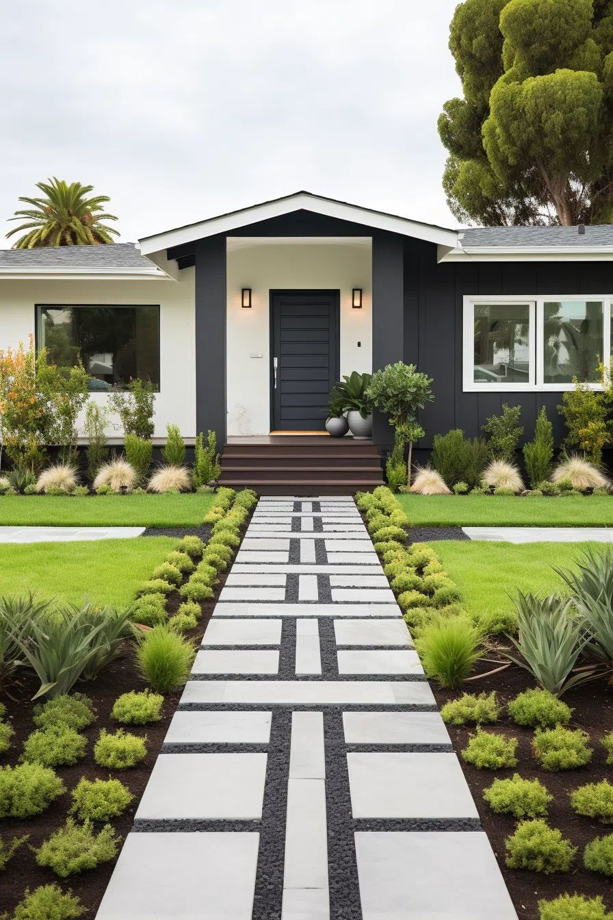 Front garden of a modern house with dark door, white walls, surrounded by lush greenery. Pathway of large tiles and pebbles, flanked by neatly trimmed bushes.