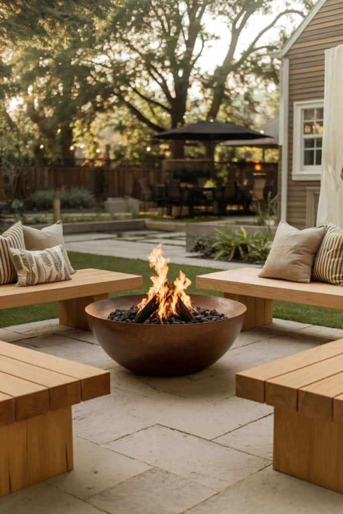 Cozy outdoor patio with a fire pit surrounded by wooden benches. Greenery and a dining area under a black umbrella in the background.