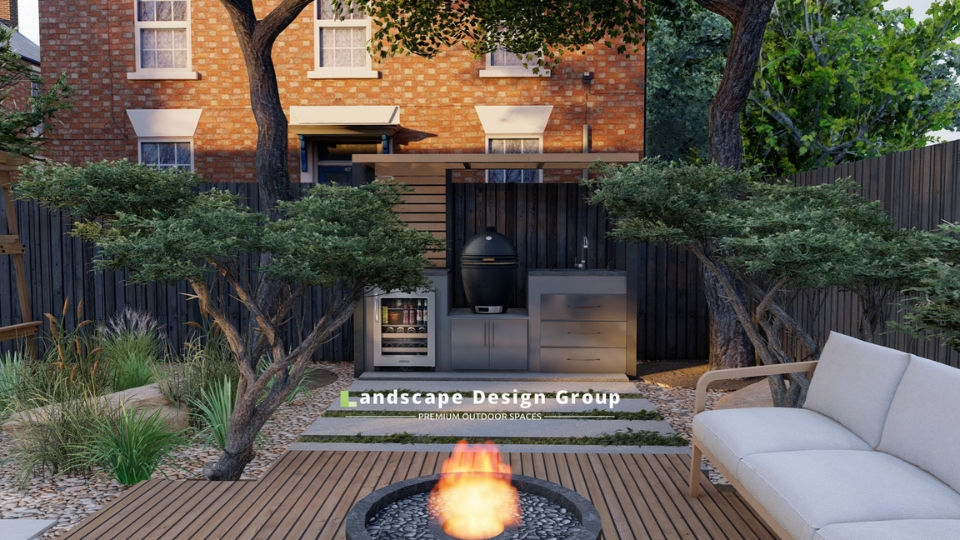 Modern garden with brick house, fire pit, outdoor kitchen, and grey sofa. Text reads "Landscape Design Group - Premium Outdoor Spaces." Cosy mood.