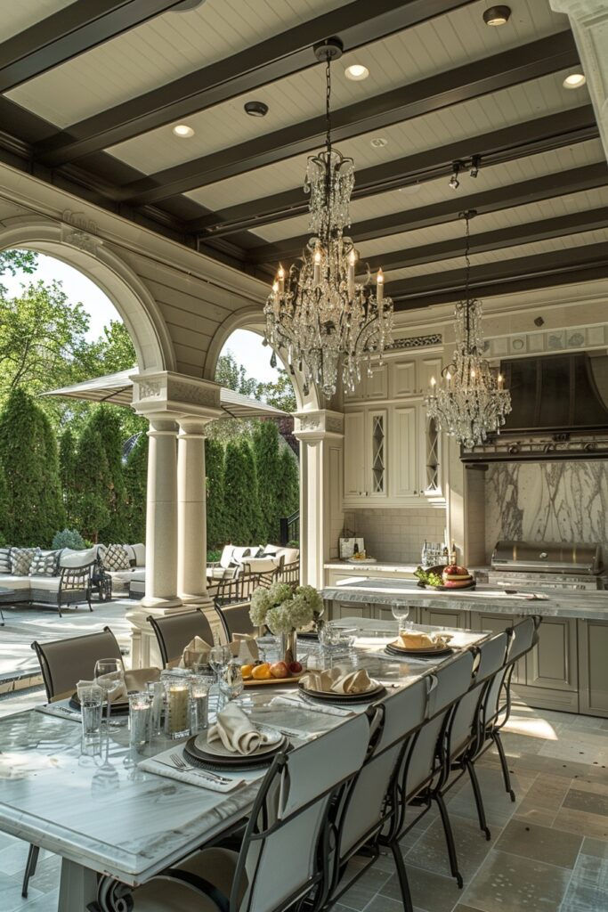 Outdoor marble dining area with chandelier lighting, set table, white flowers, and greenery in background. Elegant and serene atmosphere.