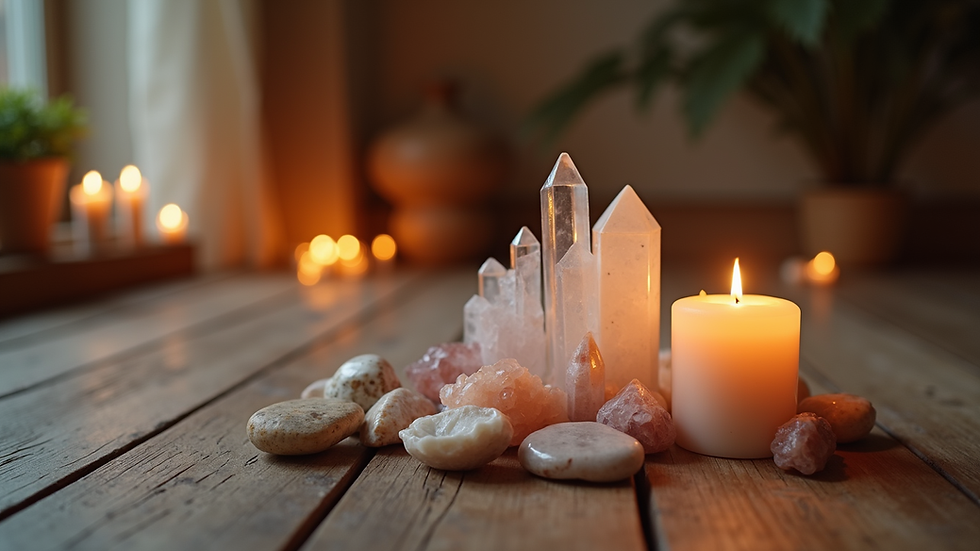 Eye-level view of a serene meditation space with crystals and candles