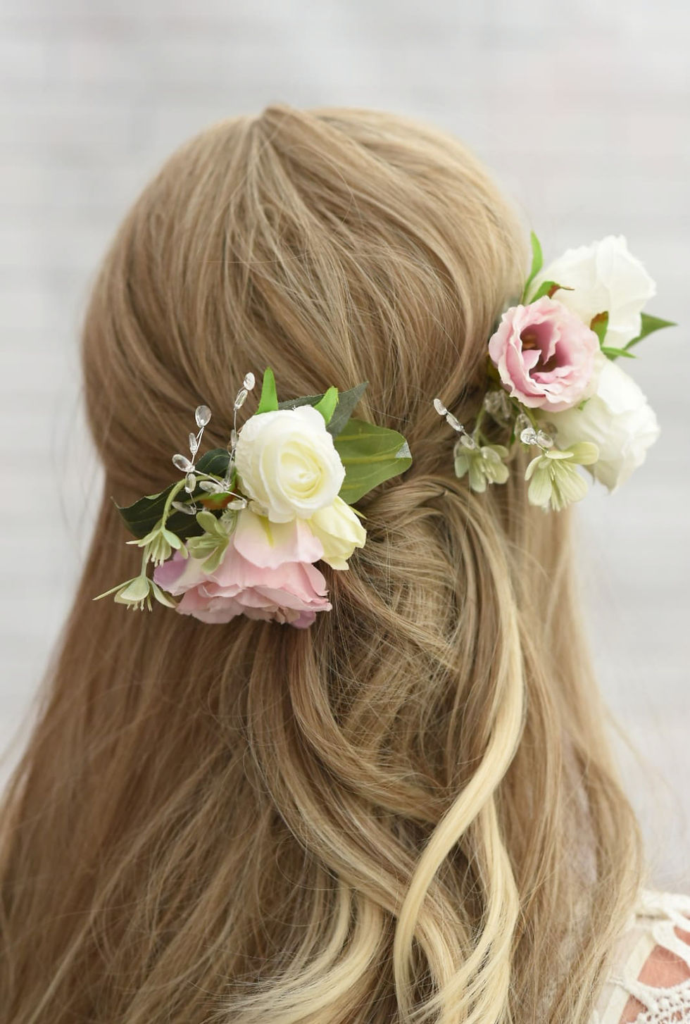Miniaturebillede: Pink Lisianthus, Ivory Rose &amp; Clear Crystal Flower Bridal Hair Accessories