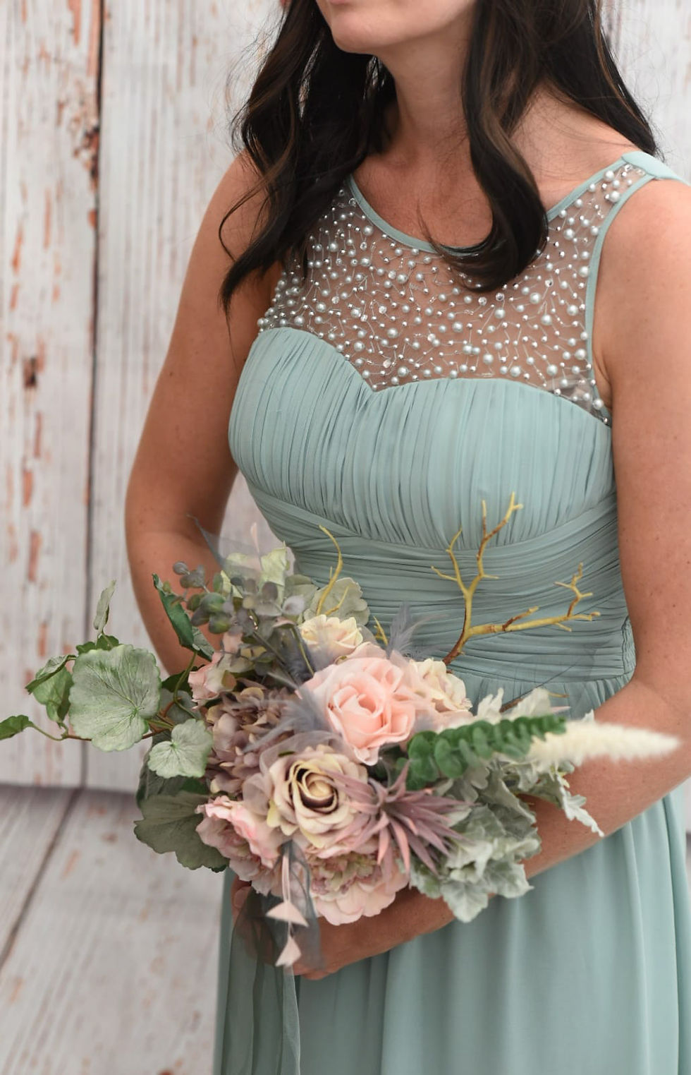 Thumbnail: Protea Peony Rose Feather Blush Mauve Grey Ivory Sage Bridesmaid Bouquet