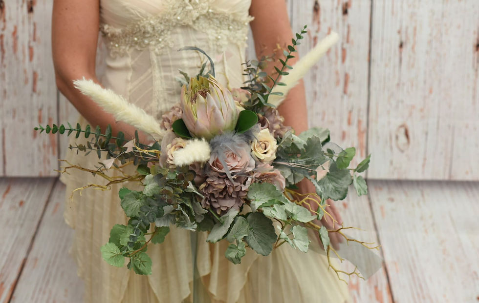 Miniatyrbilde: Protea Peony Rose Feather Blush Mauve Grey Ivory Sage Bridal Bouquet