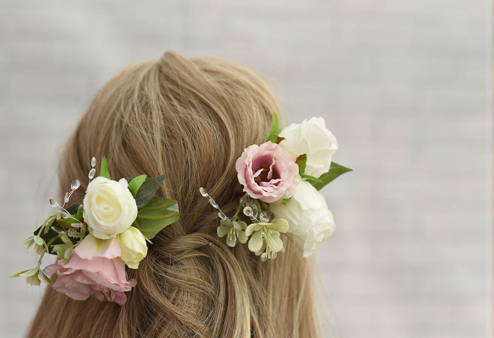 Pink Lisianthus, Ivory Rose & Clear Crystal Flower Bridal Hair Accessories