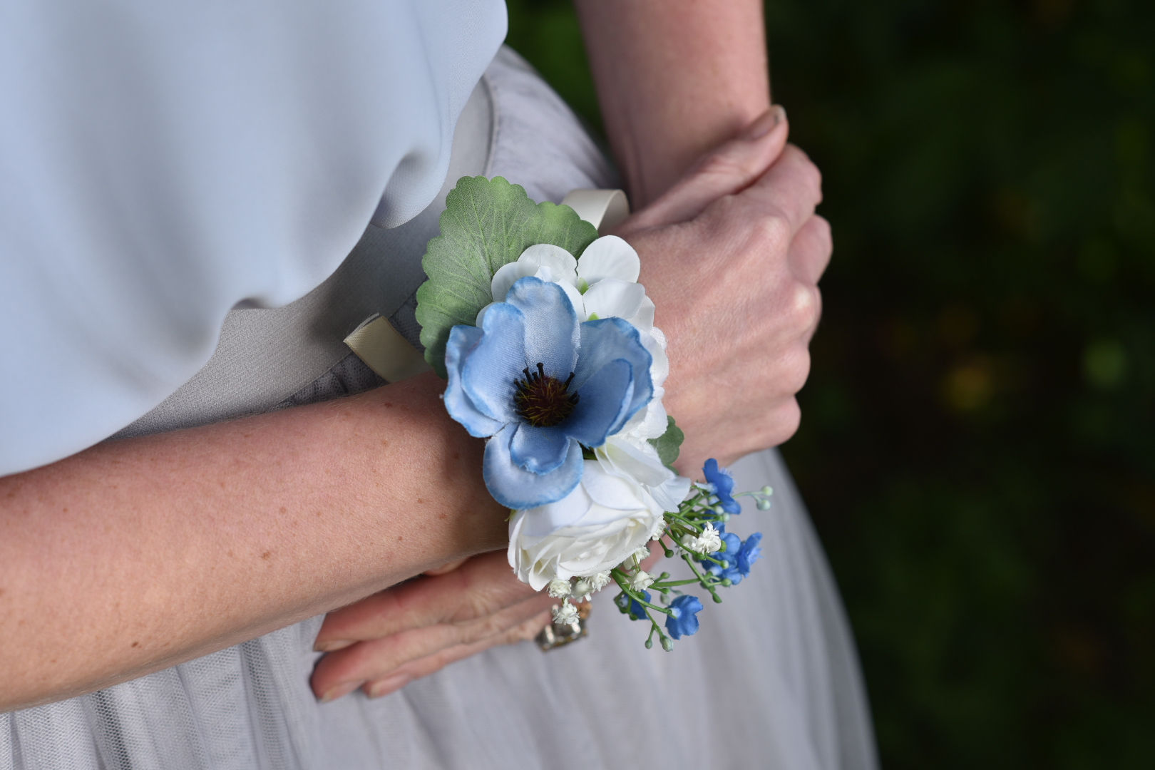 Ivory & Dusty Blue Wrist Corsage