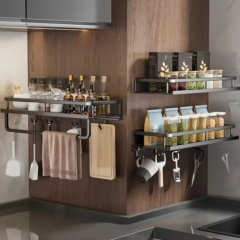 Aluminum Wall-Mounted Shelf Multifunctional Kitchen Spice Storage Rack Kitchen N