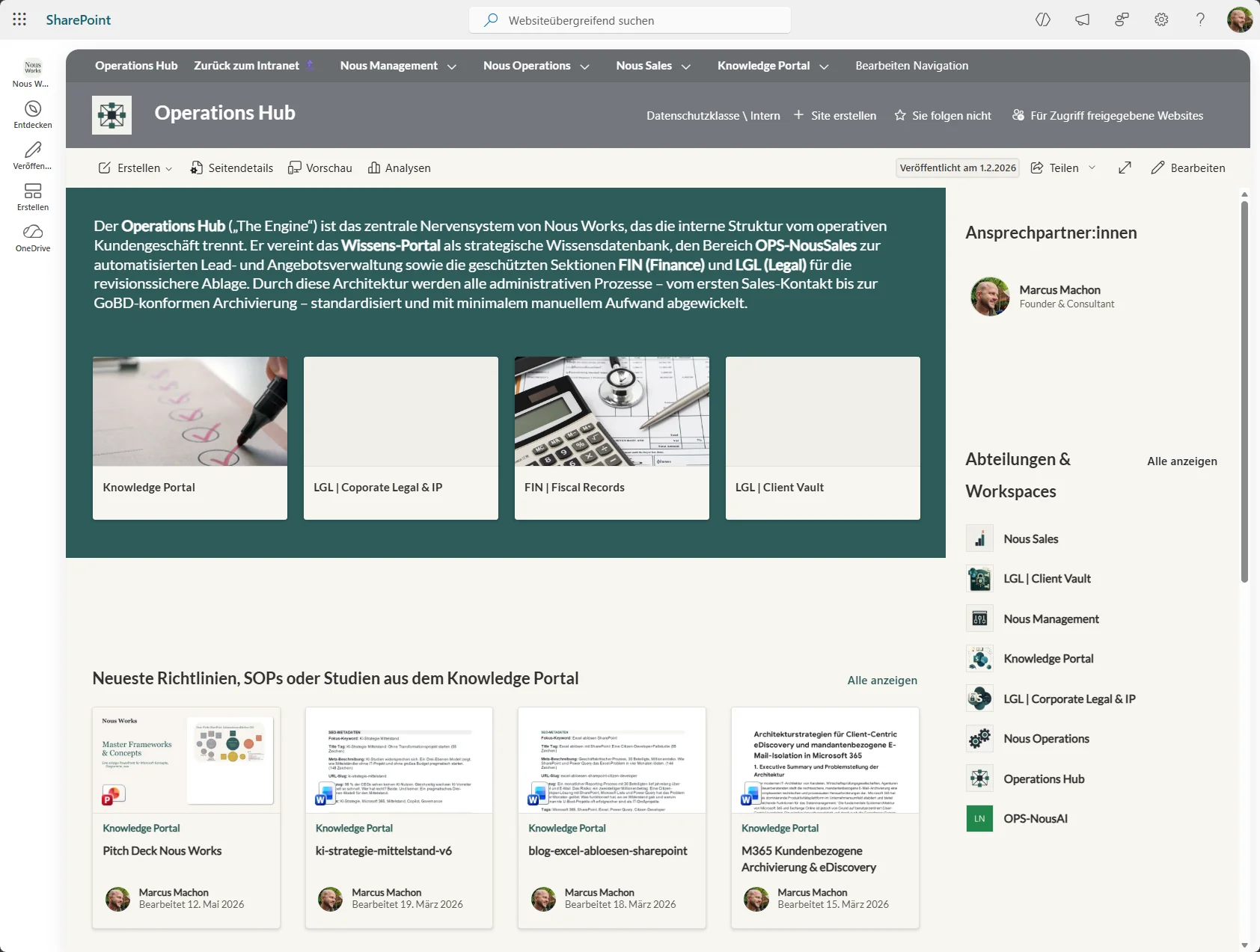 Screenshot des Operations Hubs mit Links zu Knowledge Portal, Fiscal Records und Client Vault im eigenen Tenant.