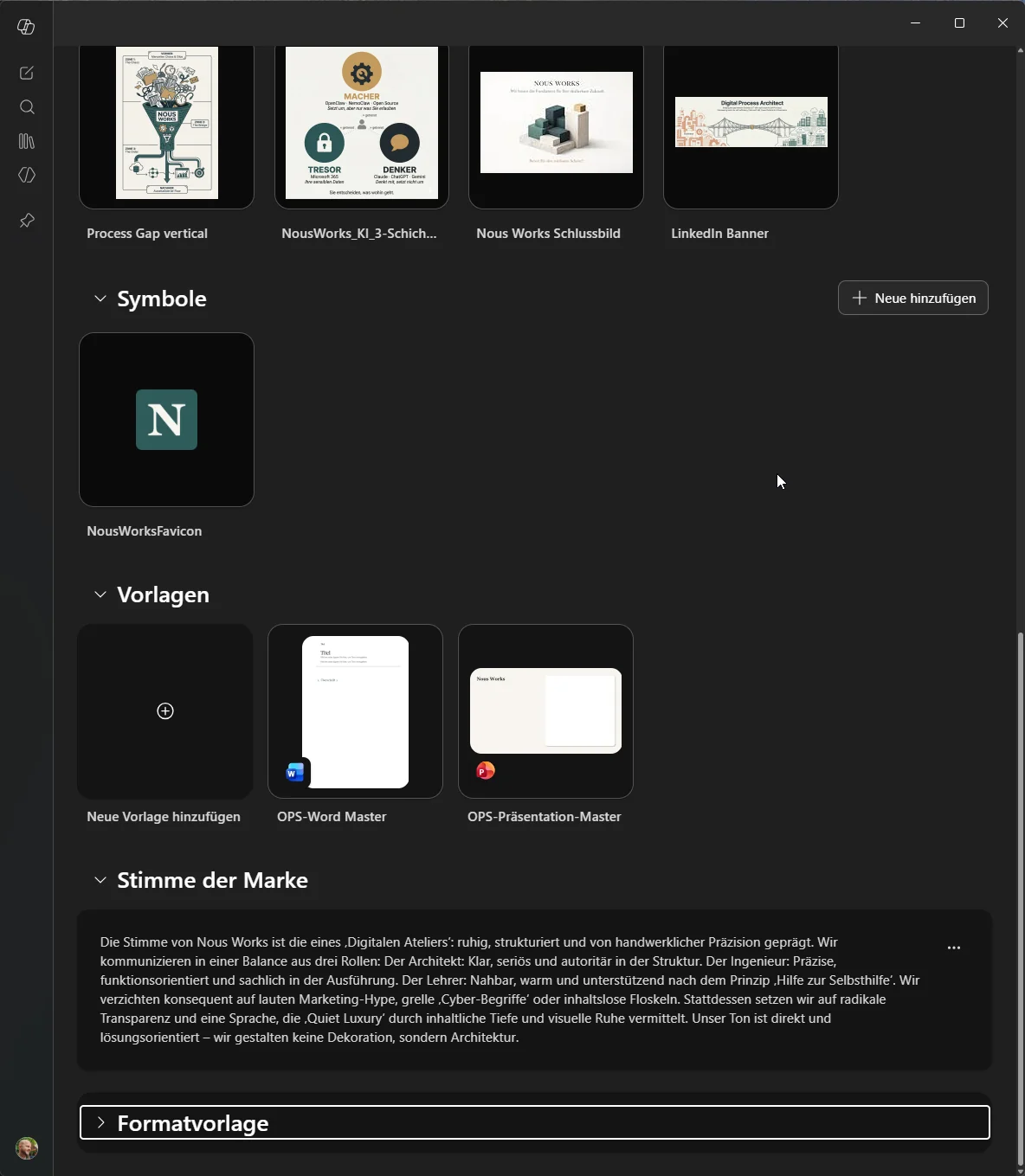 Microsoft Create Brand-Kit-Konsole mit Unternehmensbildern, Symbolen (Logo), Vorlagen (Word- und Präsentations-Master) und der Sektion Stimme der Marke